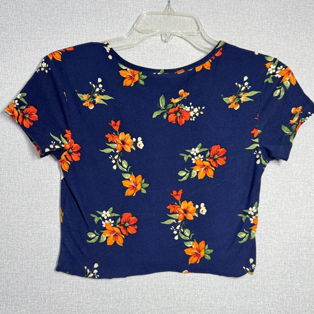 Rue21 Shirt Juniors Small Blue Floral Scoop Neck Zip Front Cropped‎ Top Stretch - Picture 3 of 3